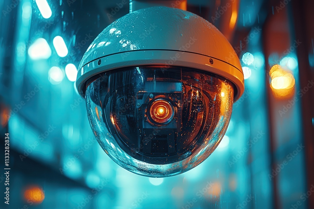 A security camera hangs from the ceiling in a city environment illuminated by colorful lights at night. The lens reflects the glowing atmosphere, capturing urban life.