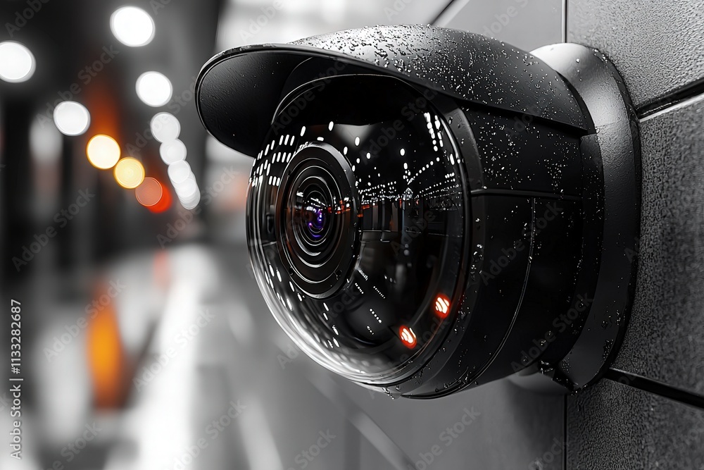 A security camera is positioned against a wet wall, illuminated by soft bokeh lights in the background. It records the surroundings during a rainy night, ensuring safety and surveillance.