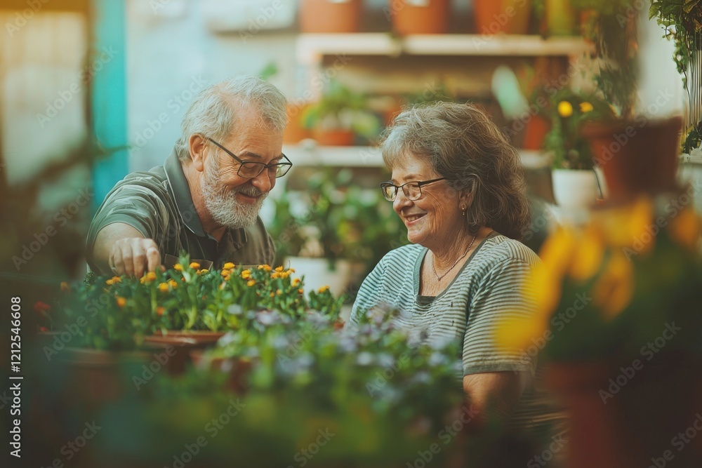 A senior couple shares smiles while tending to colorful plants in a lively greenhouse. Surrounded by various flowers, they engage in nurturing greenery together, creating a joyful atmosphere.
