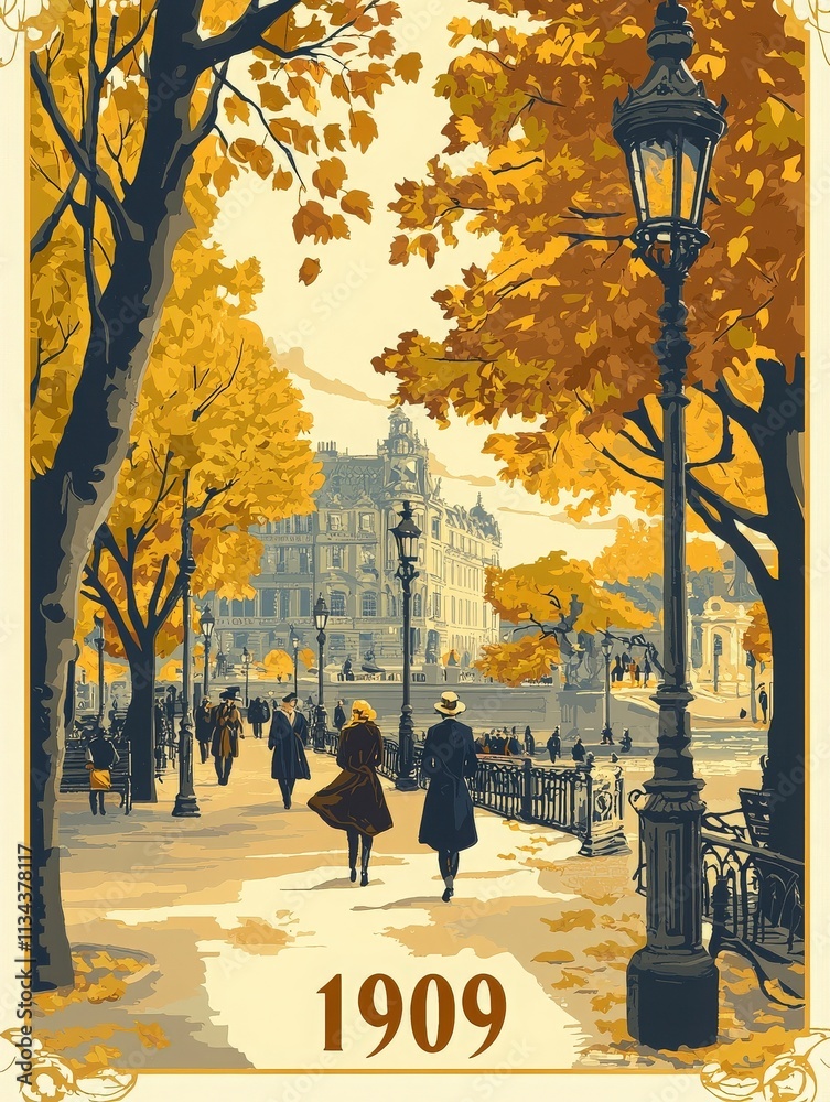 A serene autumn day where people stroll along a tree-lined path filled with vibrant golden leaves. Historic buildings and vintage lampposts enhance the nostalgic atmosphere of 1909.
