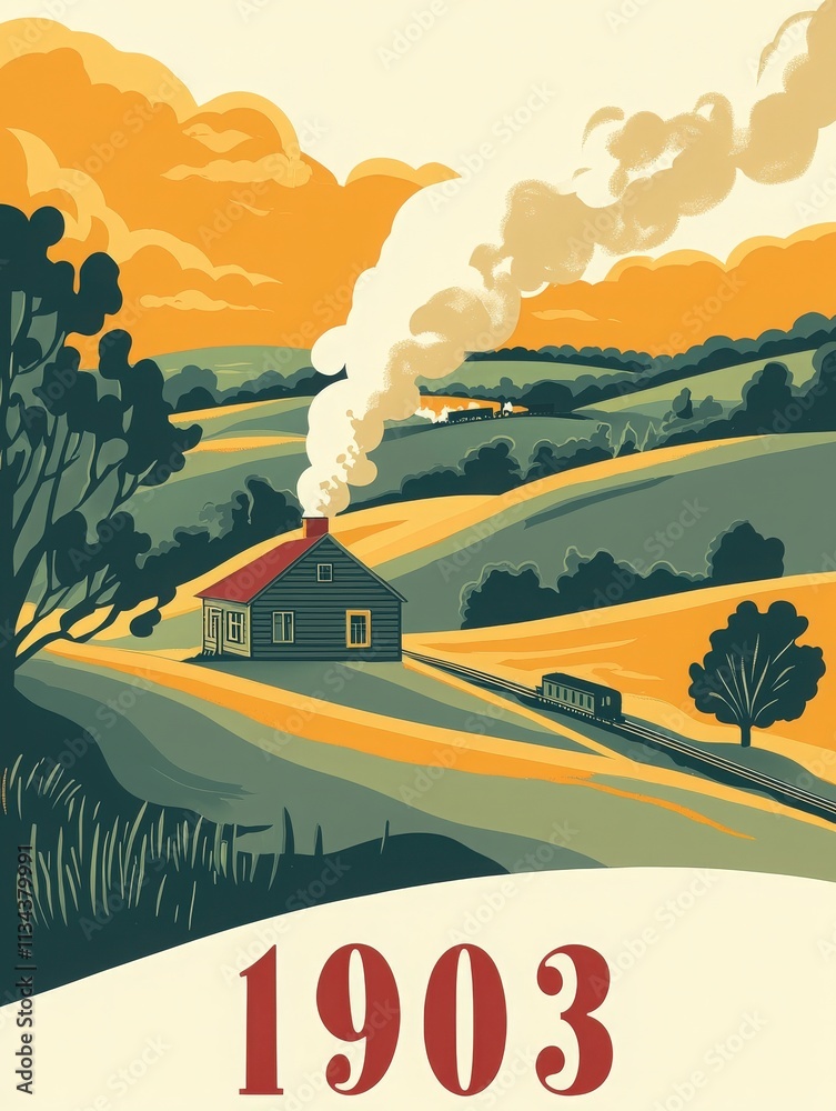 A serene autumn landscape reveals a quaint cabin with smoke rising from the chimney, surrounded by rolling hills. A steam train travels along the tracks, evoking nostalgia for the year 1903.