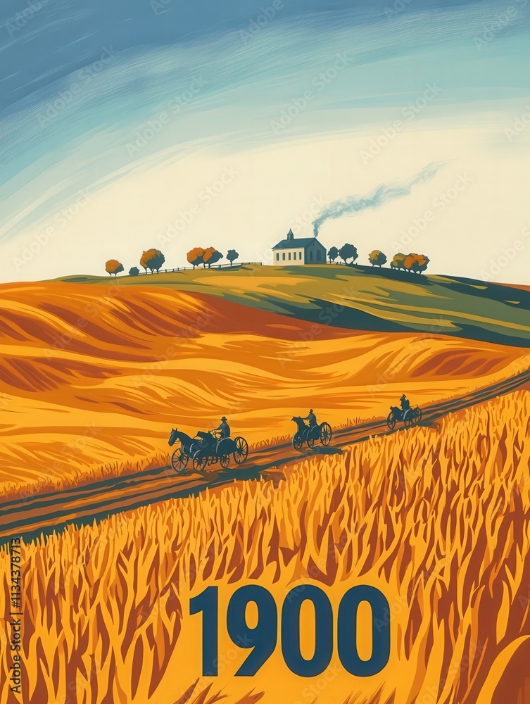 A serene countryside landscape depicts horse-drawn carriages traveling along a golden field. In the background, a quaint farmhouse sits atop rolling hills under a clear sky.