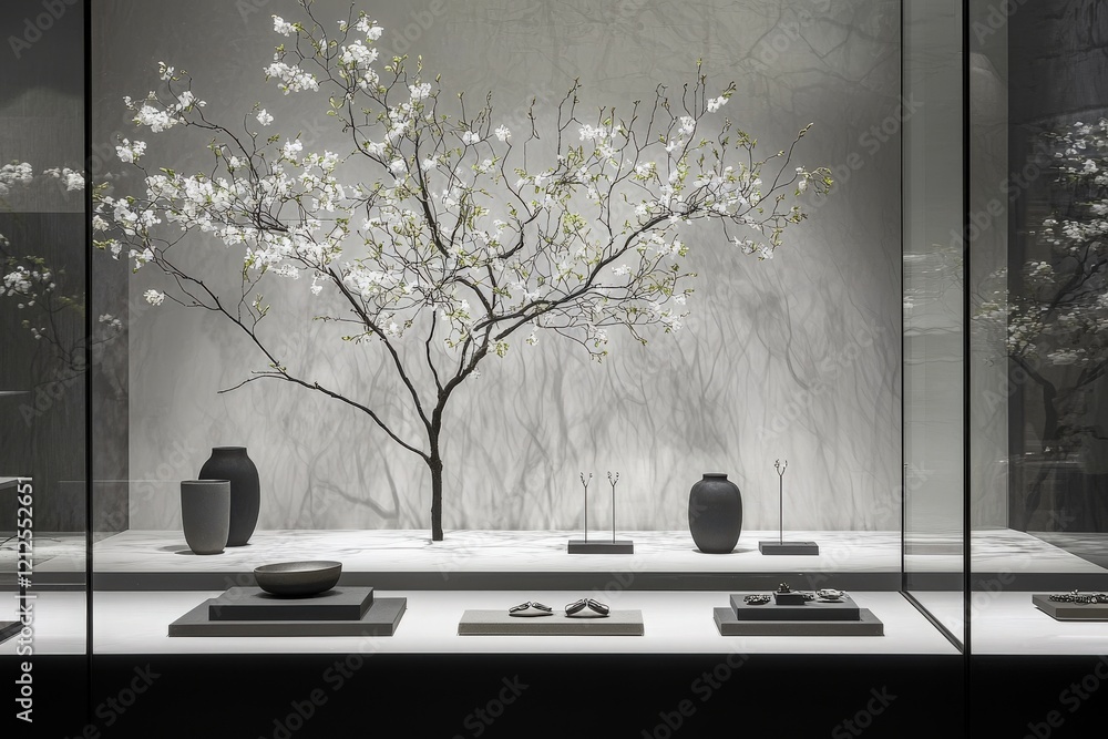 A serene gallery showcases a striking tree adorned with delicate flowers, alongside various pieces of minimalist jewelry and modern art, enhancing the tranquil atmosphere of the space.