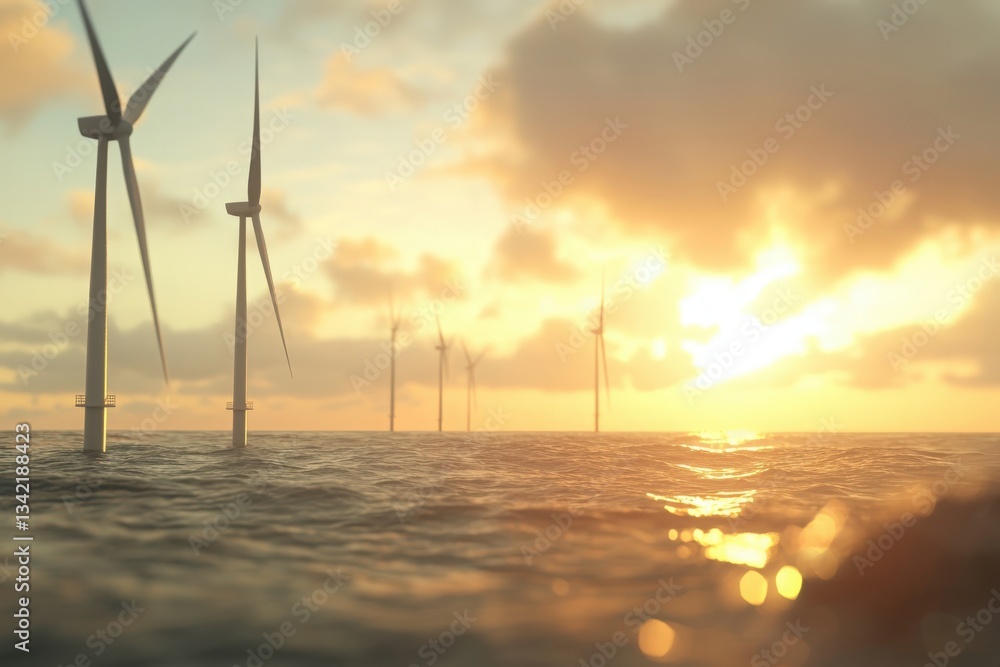 A serene landscape features wind turbines generating renewable energy at sea during sunset. The sky is filled with warm hues as the sun dips below the horizon, illuminating the waters.