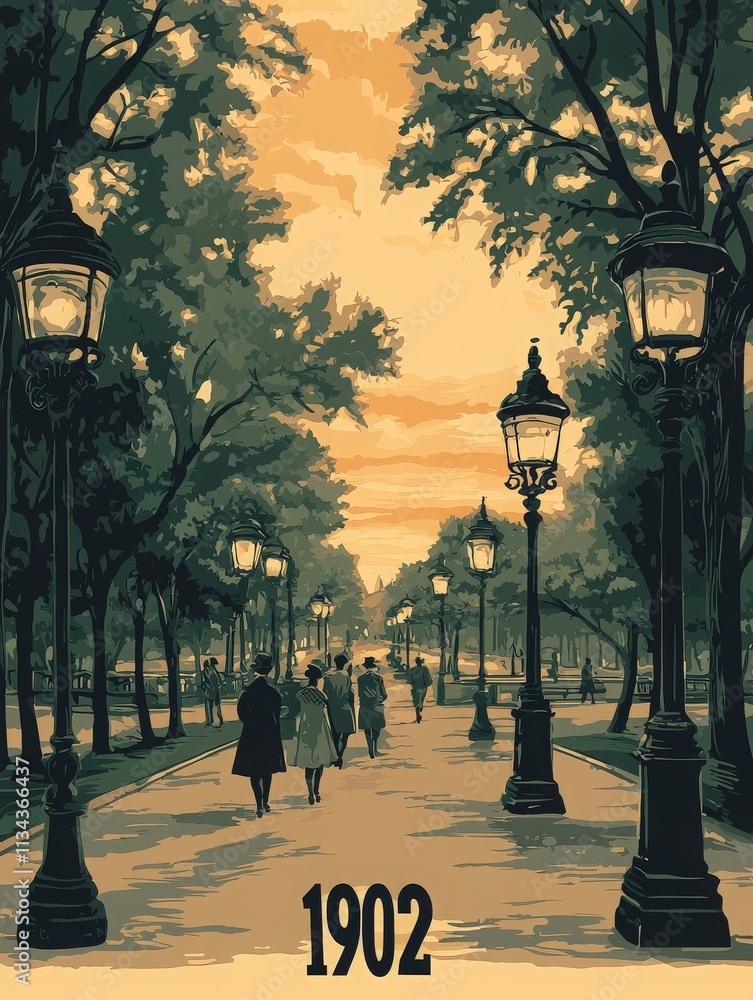 A serene park path is illuminated by lampposts as people walk leisurely, enjoying the sunset. The vintage atmosphere evokes the charm of 1902 with tall trees lining the avenue.