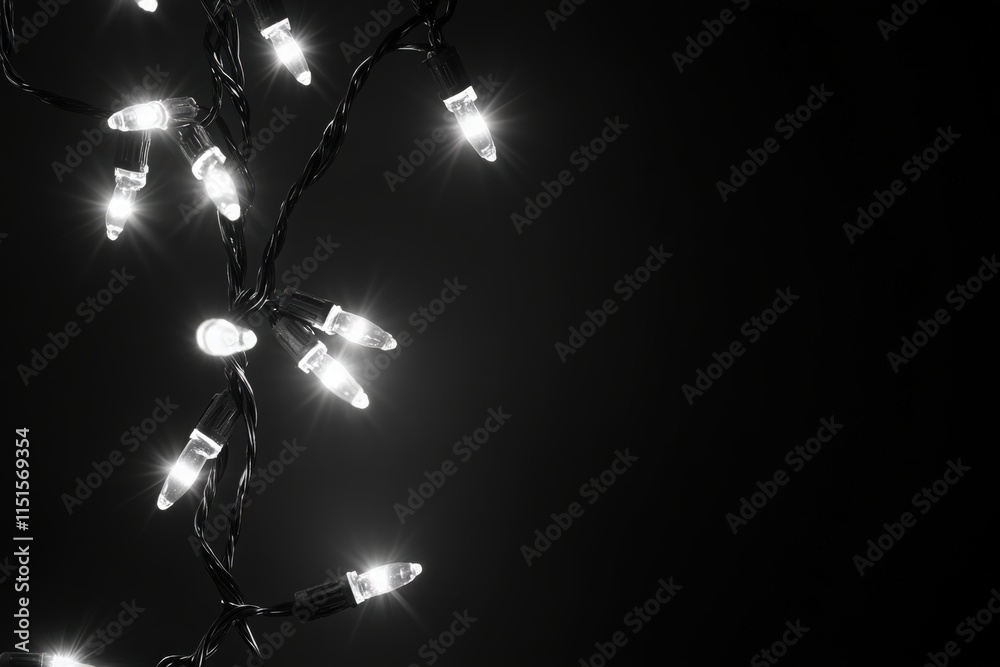 A series of bright white string lights hang against a black background, creating a cheerful atmosphere ideal for evening gatherings and celebrations. Their warm glow enhances the night.