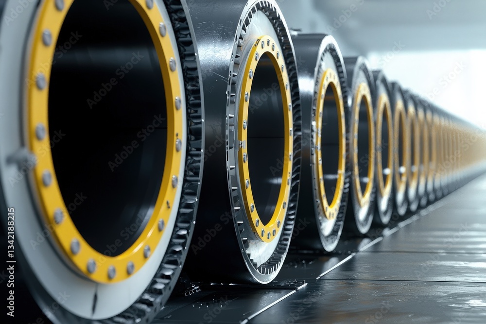 A series of industrial pipes are aligned in a factory environment, emphasizing the circular connections and yellow accents. The structure illustrates a modern manufacturing process.