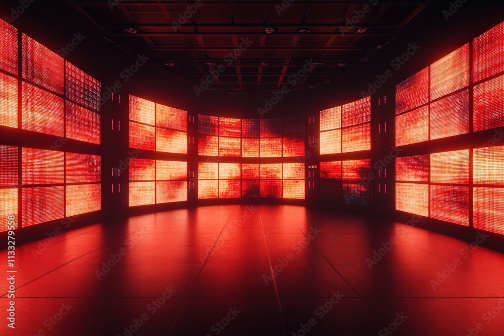 A series of large, red LED screens form a curved wall in a contemporary room, illuminating the space with vibrant colors. The high-tech environment suggests an exhibition or event setup.