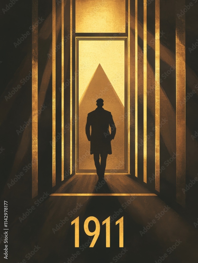 A shadowy figure in a long coat steps through a golden corridor illuminated by soft light. The doorway frames a triangular shape, hinting at secrets and elegance from the year 1911.