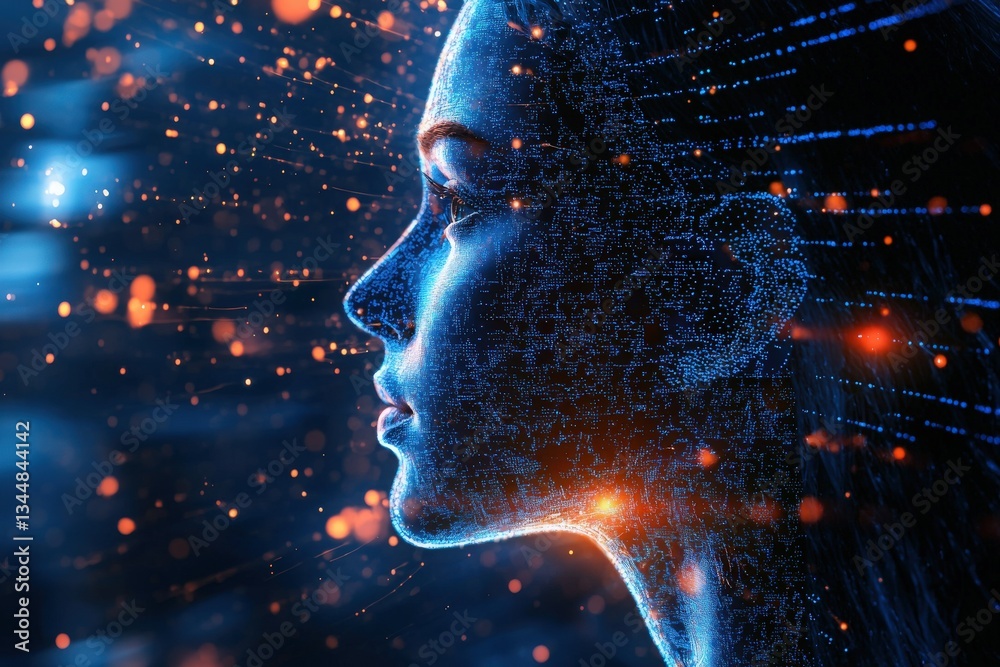 A side profile of a woman is depicted using vibrant digital effects, showcasing glowing particles and abstract designs. The image blends technology with art, creating a mesmerizing visual experience.