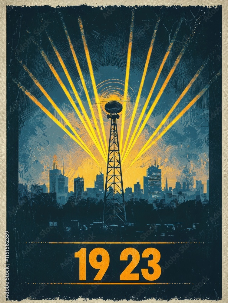 A silhouette of a city skyline showcases a vintage radio tower radiating bright sun rays. The scene captures a moment of dawn in the year 1923, emphasizing a nostalgic atmosphere.