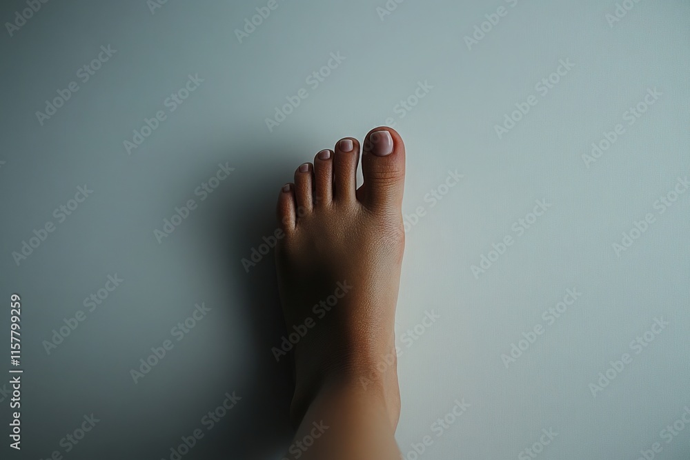A single bare foot is centered on a smooth white surface, highlighting the skins natural texture and details. The foot is relaxed, with neatly trimmed nails adding to the serene composition.