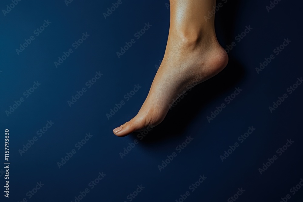 A single foot lifts slightly off a dark blue surface, emphasizing its elegant shape and smooth skin. This moment captures the softness and beauty of the foot in a minimalist setting.
