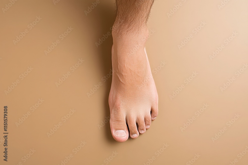 A single foot rests on a light brown surface, highlighting the natural texture of the skin. The toes and arch are clearly visible, demonstrating foot anatomy in a relaxed position.