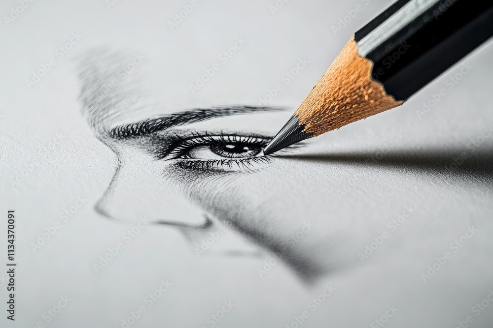 A skilled artist carefully sketches the eye of a portrait using a sharpened pencil, showing incredible attention to detail on paper. The focus is on creating lifelike features.