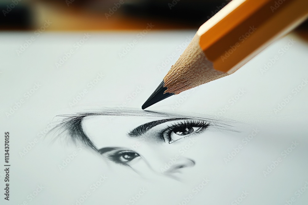 A skilled artist focuses on a close-up of a womans face as the pencil hovers above the paper, capturing intricate details in the eyes and hair, emphasizing artistry in progress.