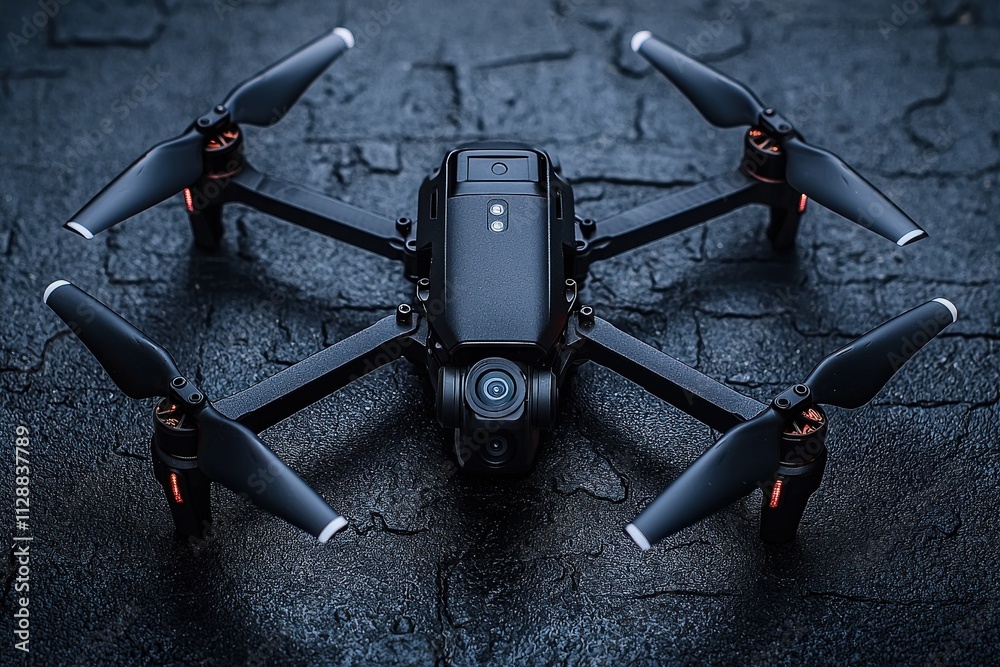 A sleek, advanced drone with four propellers is placed on a rough, dark surface. The drones compact build highlights its cutting-edge features and capabilities in aerial photography and exploration.