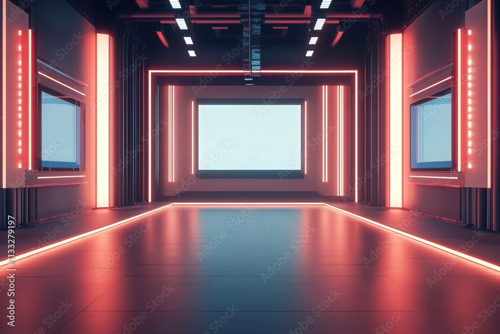 A sleek and contemporary studio features neon lighting along the walls, enhancing the ambiance. Two projection screens stand prominently at the front, creating a backdrop for potential presentations.