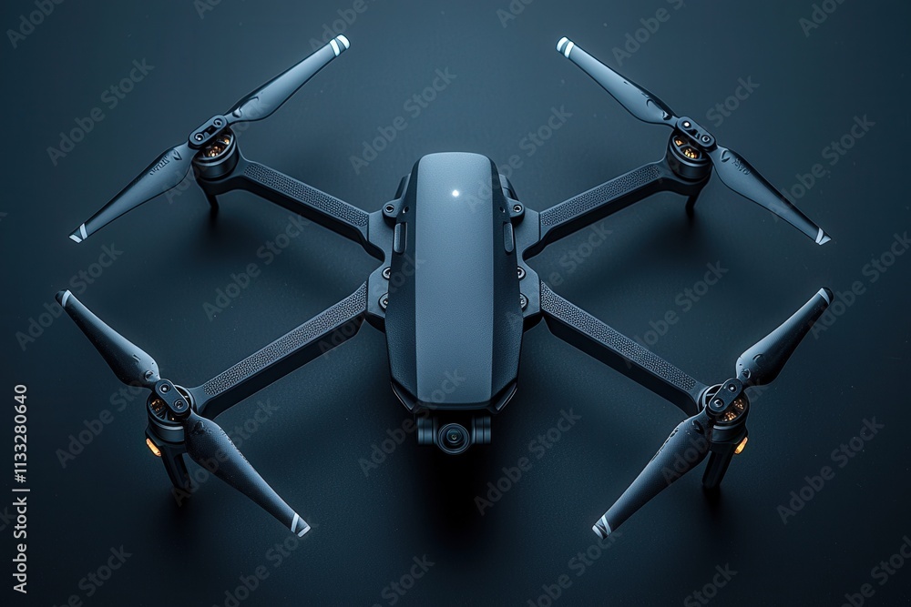 A sleek black drone designed with four propellers is positioned on a dark surface. It showcases advanced technology with its modern design and features, perfect for aerial photography and exploration.