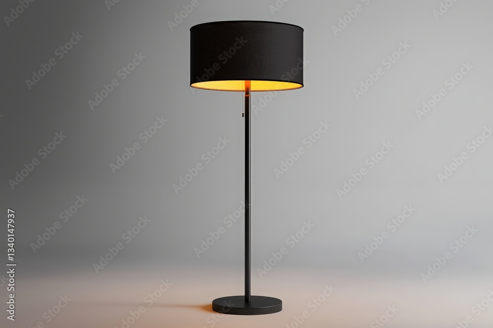 A sleek black floor lamp stands gracefully in a contemporary space, casting a warm glow. Its minimalist design enhances the atmosphere, creating a cozy and inviting environment.