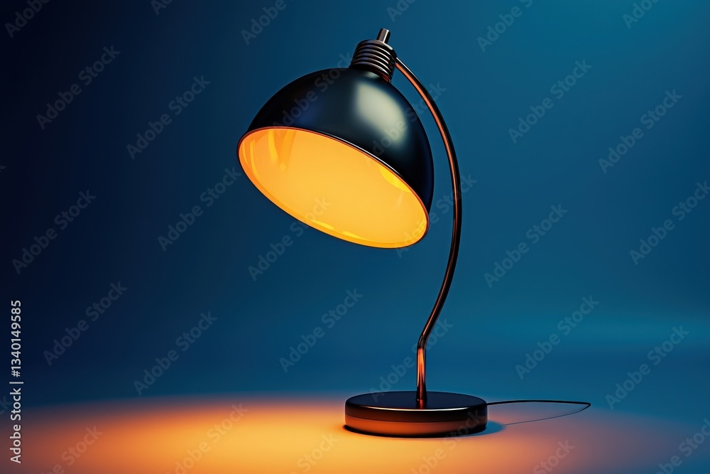 A sleek black lamp with a curved neck emits a warm orange light, creating a cozy atmosphere against a blue backdrop, ideal for modern interior design.