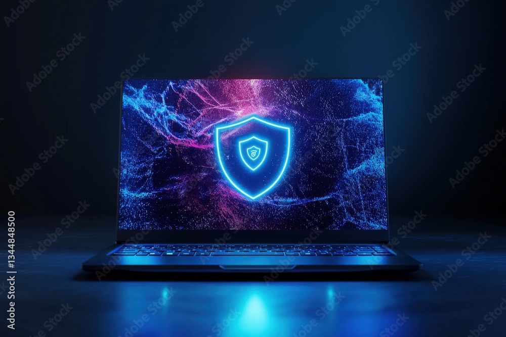 A sleek black laptop is open, showcasing a vibrant neon security shield on the screen. The background features a dark atmosphere with colorful light effects, suggesting a focus on cybersecurity.