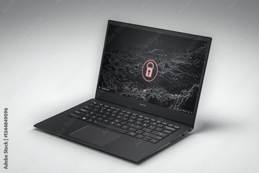 A sleek black laptop is positioned on a clean surface. The screen features an abstract design with a prominent lock symbol, emphasizing digital security in technology.