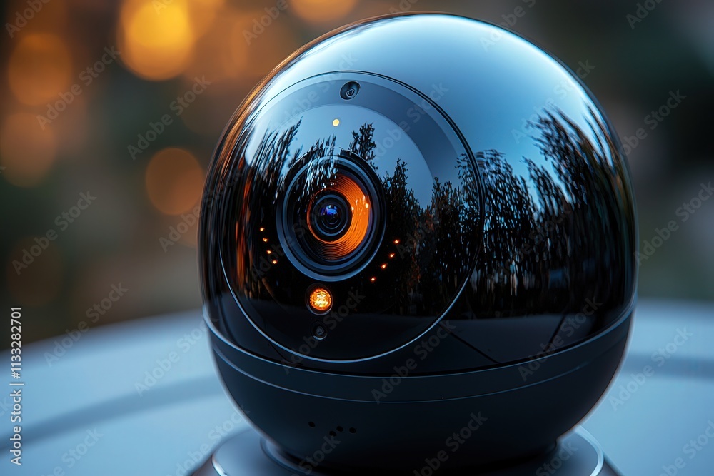 A sleek black spherical camera rests on a surface, reflecting the surrounding trees and a warm sunset glow.