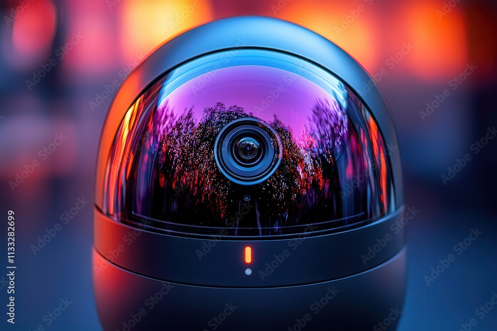 A sleek camera lens captures the vibrant hues of a sunset, with rich purple and orange reflections. The scene emphasizes modern design, showcasing innovative technology and artistry.