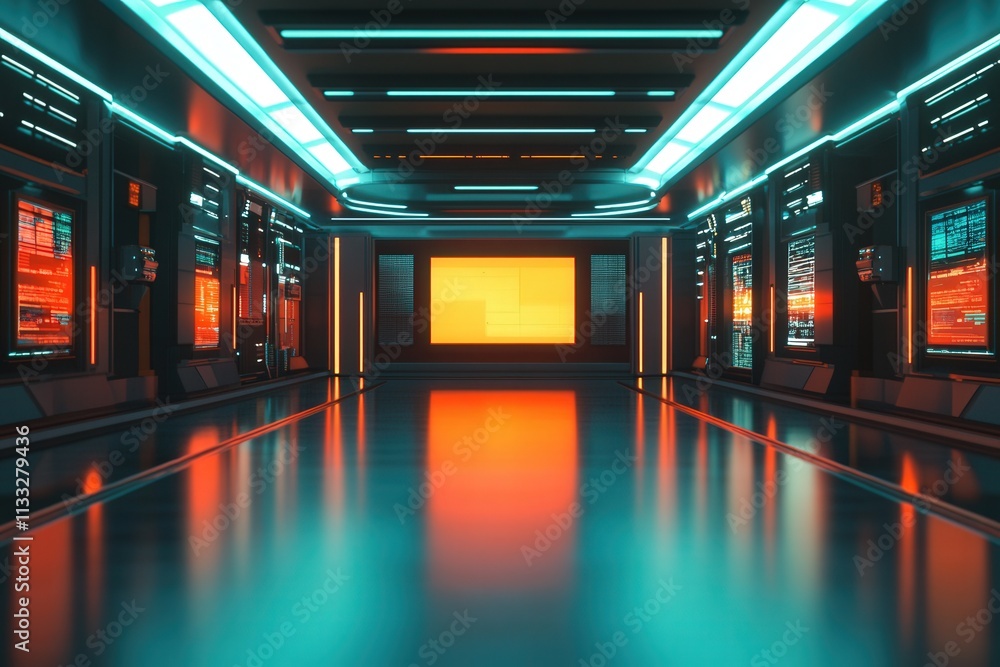 A sleek corridor features glowing blue and orange lights along its length. High-tech digital screens line the walls, displaying vibrant data.