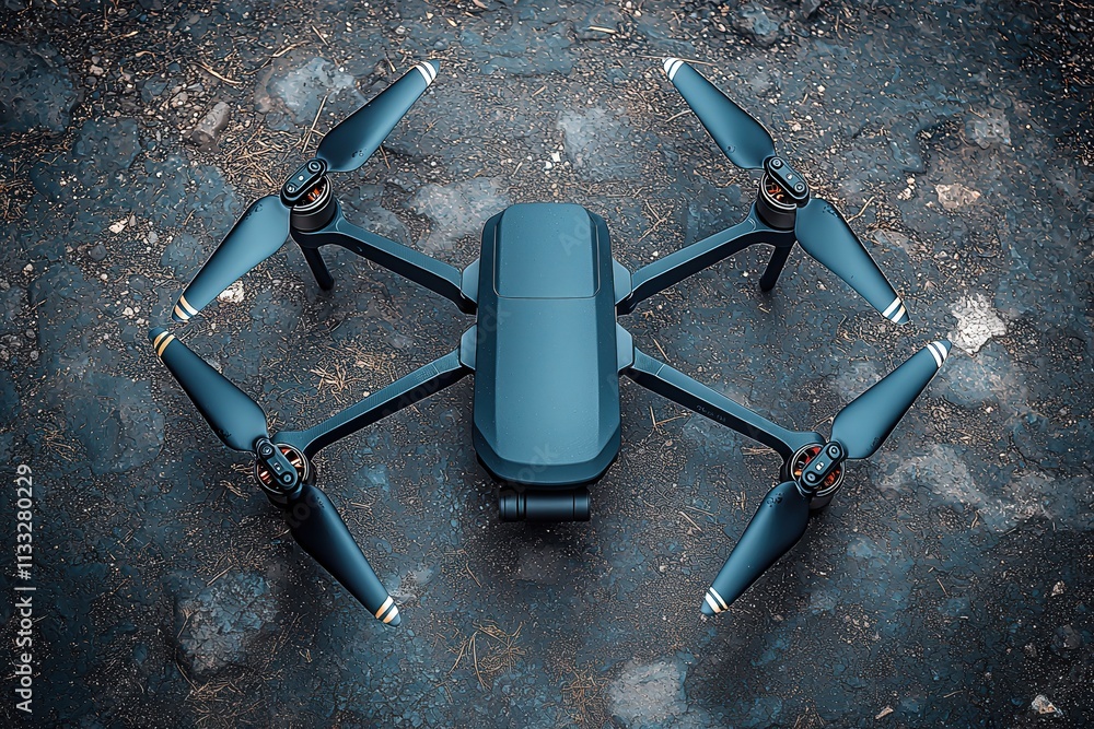 A sleek drone sits on uneven ground, poised for flight. Its propellers are ready to spin, suggesting a mission of capturing breathtaking aerial views in a natural setting.