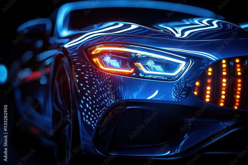 A sleek electric car with striking blue and orange lights stands out in a dark environment. Reflection of neon patterns enhances its futuristic appearance.