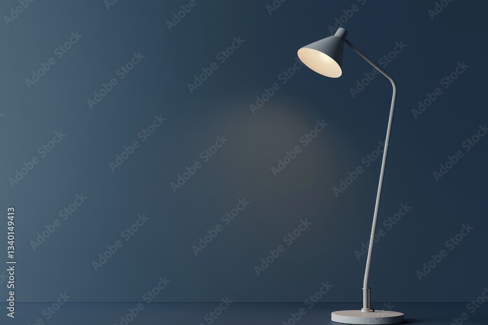 A sleek floor lamp stands in a modern space, illuminating the area with warm light. The lamps design features clean lines and a contemporary aesthetic against the dark wall.