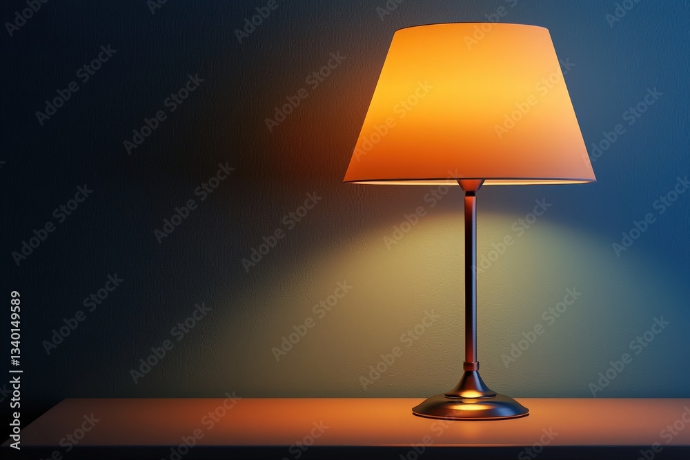 A sleek lamp with an orange shade casts a warm glow on a clean, minimalistic table against a soft blue wall, creating a cozy ambiance in a dimly lit room.