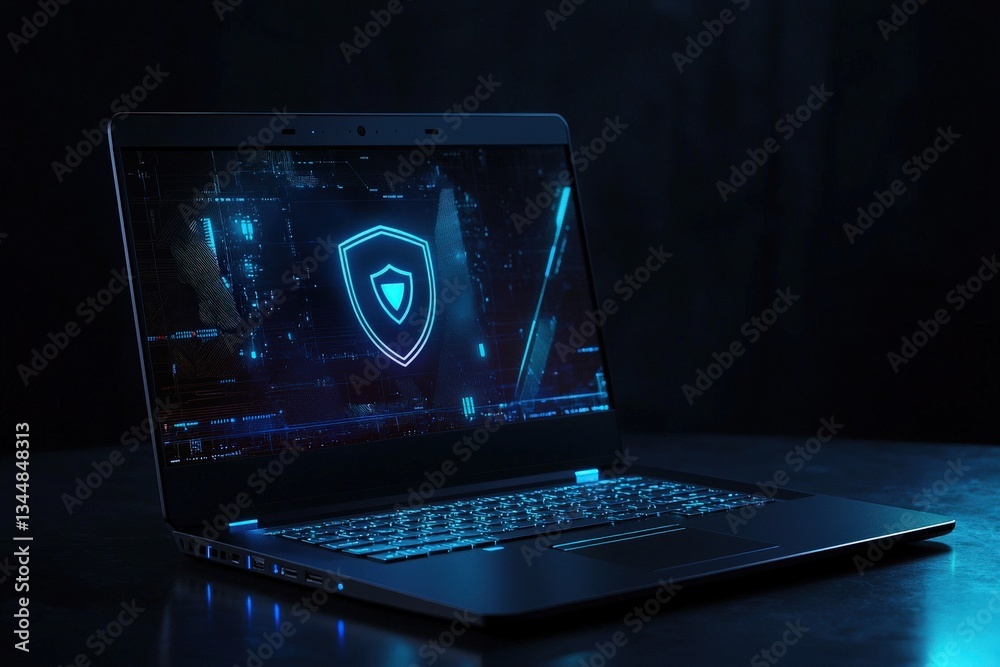A sleek laptop is open in a dimly lit environment, showcasing a blue cyber security interface with a shield symbol. The modern design highlights its advanced technology features.