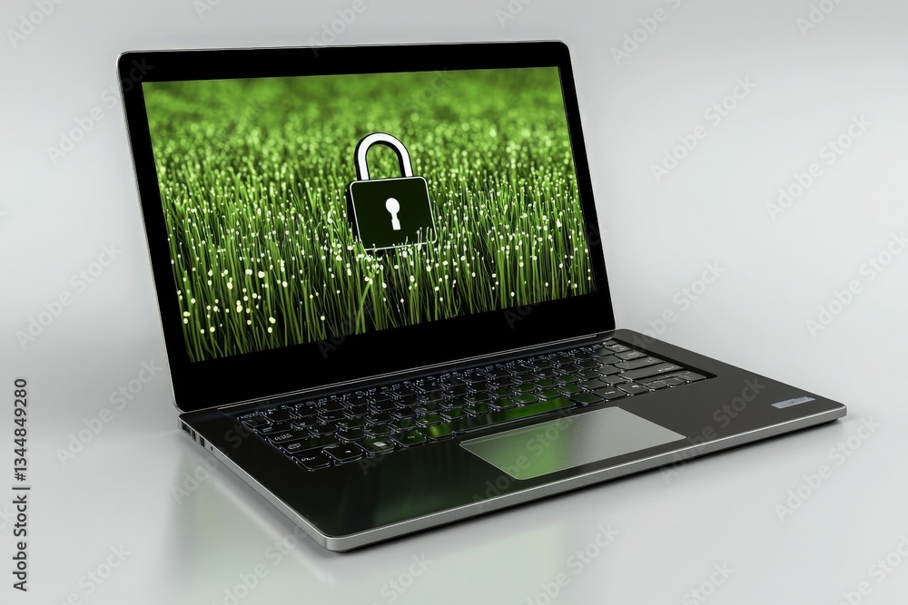 A sleek laptop is positioned on a smooth surface, featuring a vivid display of a security lock symbol set against a backdrop of lush green grass, symbolizing cybersecurity and protection.