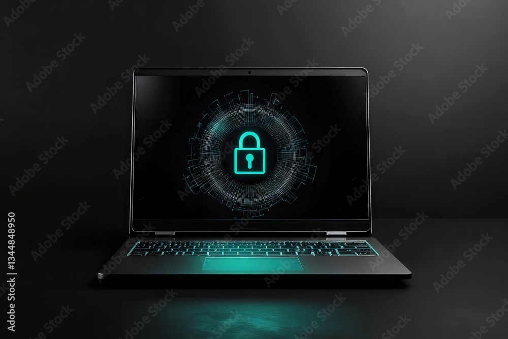 A sleek laptop sits on a dark surface, showcasing a glowing lock symbol on the screen. The design signifies cybersecurity, emphasizing protection in a digital environment.