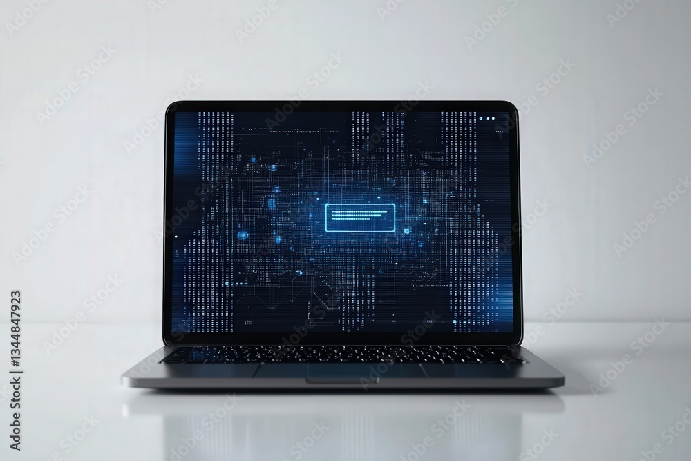 A sleek laptop sits open on a clean surface, showcasing a vibrant display of digital code and graphics. The setting is minimalistic, emphasizing technology and innovation.