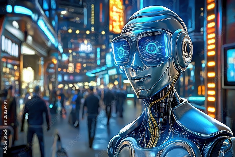 A sleek metallic robot stands in a bustling urban center illuminated by neon lights, engaging with busy pedestrians in a lively nighttime atmosphere.