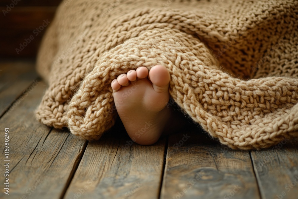 A small, bare foot peeks out from under a soft, knitted blanket resting on a rustic wooden floor. The setting suggests a warm, cozy environment, perfect for napping.
