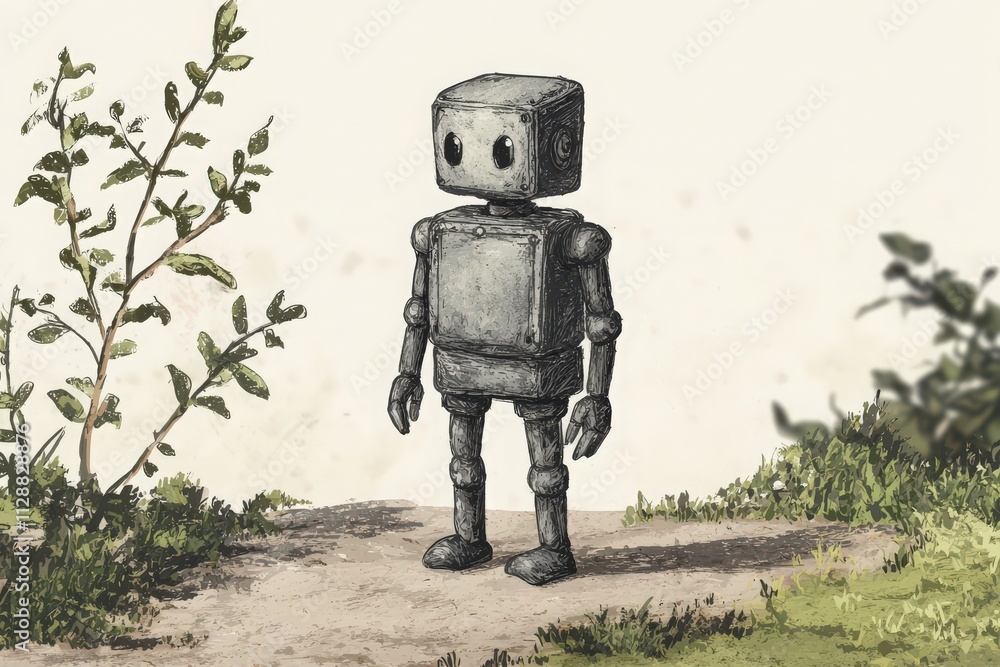 A small, boxy robot stands on a dirt path, gazing curiously at surrounding plants. The artwork features a whimsical design with soft colors, evoking a sense of innocence and exploration.