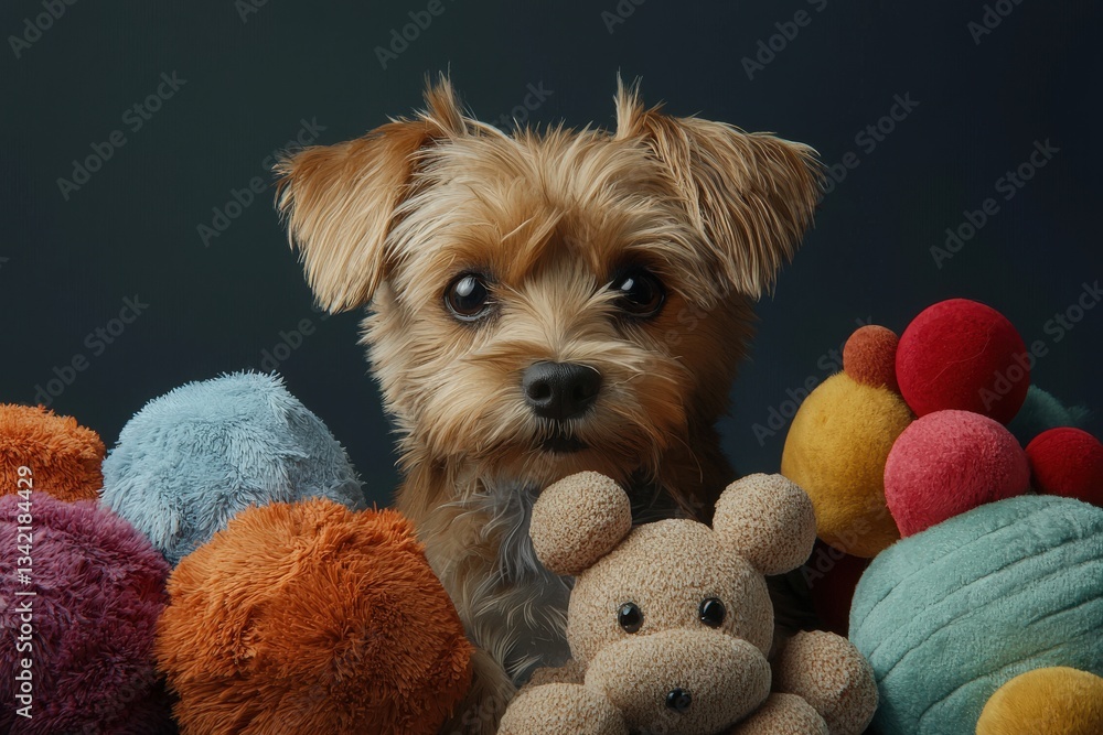 A small dog with fluffy fur sits amid vibrant plush toys, showcasing its curious expression in a soft-lit indoor space. The cozy atmosphere enhances the playful vibe of the scene.