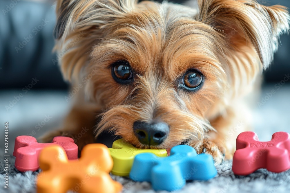 A small dog with vibrant fur is lying on a soft carpet, playfully chewing on bright, colorful toys. It is a cheerful moment during a relaxed afternoon indoors.