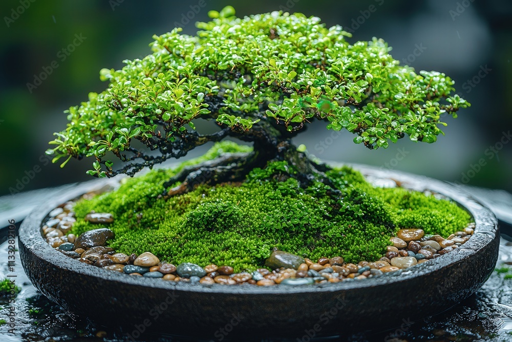 A small, lush bonsai tree stands proudly on a bed of moss, surrounded by smooth pebbles. The tranquil scene evokes a sense of peace, highlighting natures beauty in a garden.