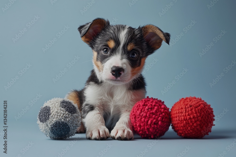 A small puppy with a mix of black, white, and brown fur is lying on a light blue surface. It is surrounded by a gray soccer ball plush and two red textured toys. The puppy looks curious and playful.