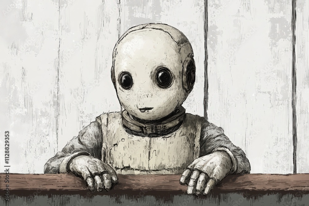A small robot character with large expressive eyes sits quietly at a wooden table. The setting features a plain white wall, creating a minimalist atmosphere. Soft light highlights the robots details.