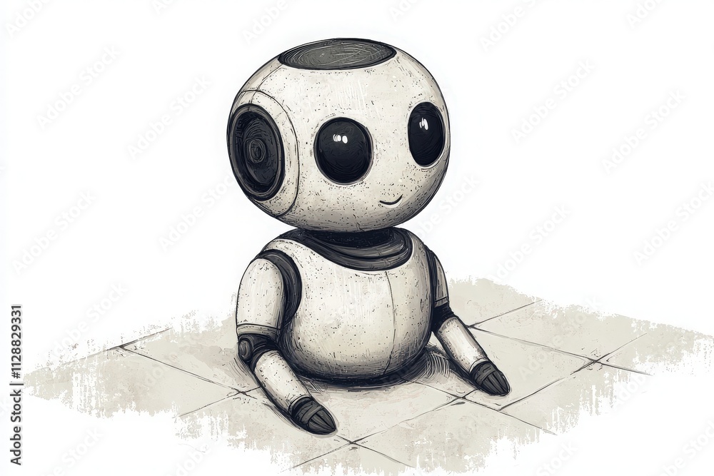 A small robotic character with a round head and large eyes is sitting on a tiled surface. The design features a smooth white body with subtle details, capturing a playful and friendly look.