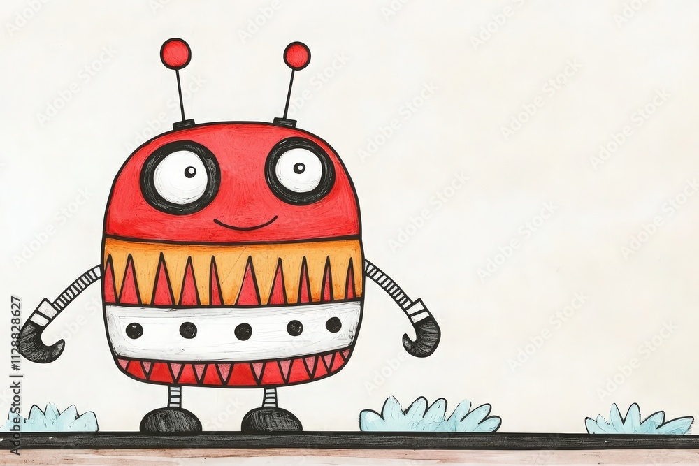 A smiling cartoon robot with a red body and playful colors stands on a pathway. The robot features large eyes, antennas, and a joyful expression, with grass and flowers in the background.