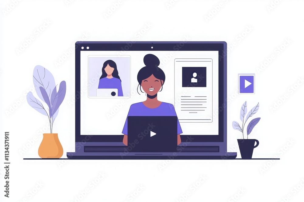 A smiling instructor sits in front of a laptop during an online class. The screen displays video and profile information of students, highlighting a vibrant learning environment.