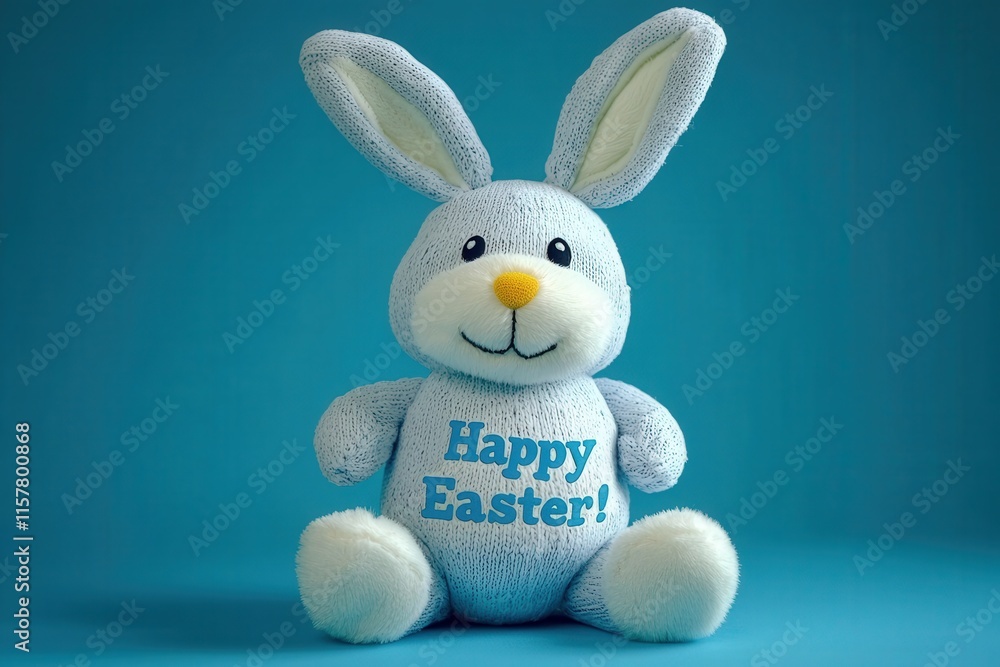 A soft, blue plush bunny with long ears and a bright smile sits upright, featuring the words Happy Easter! prominently on its chest. The background is a vibrant blue, enhancing the festive feel.